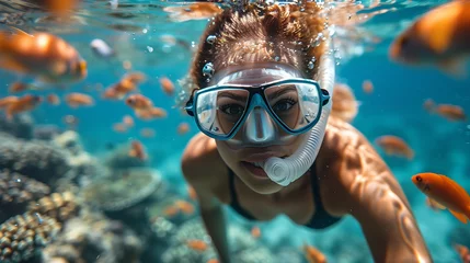 Schilderijen op glas woman snorkeling dive underwater with Nemo fishes in the coral reef Travel lifestyle, watersport adventure, swim activity on a summer beach holiday in Thailand  © Fokke Baarssen