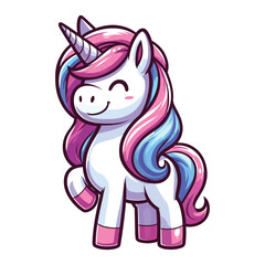 Cute unicorn cartoon character vector illustration, happy adorable magic unicorn with rainbow mane and tail design template isolated on white background