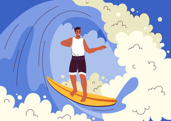 Summer scene with surfer. Man with surfboard. Active lifestyle and leisure, extreme sports. Holiday and vacation in tropical and exotic countries. Cartoon flat vector illustration