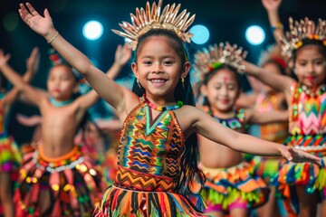 Colorful Children Dance Performance in Traditional Costumes on Stage with Cheerful Expression and...