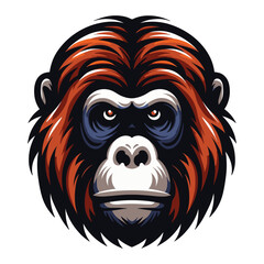 Fototapeta premium Wild orangutan primate head face vector illustration, orangutan monkey ape logo design template isolated on white background