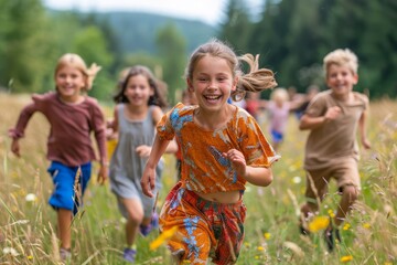 Fototapeta premium Group of Joyful Children Playing and Running Together in a Grassy Field on a Sunny Day