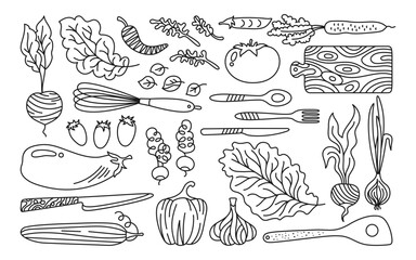Vegetables and kitchen utensils cartoon doodle set. Vegetable carrot, cucumber, lettuce, pepper or onion garlic etc. Hand drawn healthy diet farm product. Doodle fresh vegetarian menu line vector