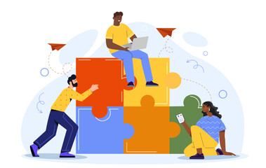 Teamwork with puzzles. Men and woman with fit matches. Collaboration and cooperation. Colleagues and workers work at common project. Creative team. Cartoon flat vector illustration