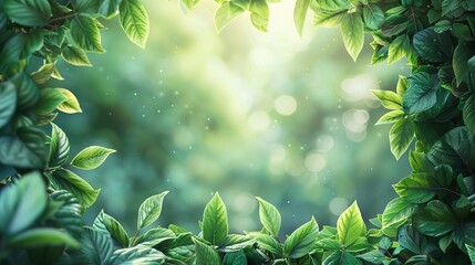 Fresh healthy green bio background with abstract blurred foliage and bright summer sunlight