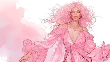 fashion sketch drawing of a woman with a pink theme pink hair pink flowing dress 