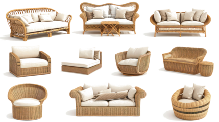 Collection of Wicker Furniture Including Couches and Chairs Generative AI
