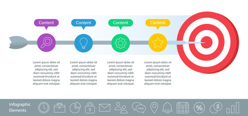 Infographics of achieving goals and promoting business. Target and arrow. Set of icons for infographics.