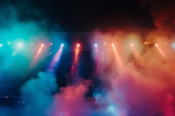 Fototapeta na wymiar Stage with bright lighting and smoke at a concert