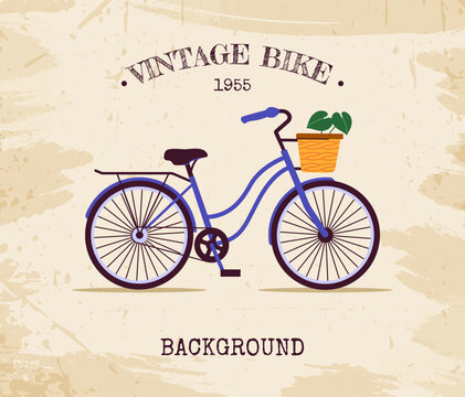 Vintage bike background. Bicycle with flowerpot with plants. Eco friendly transport. Active lifestyle and leisure outdoor. Travel and trip. Poster or banner. Cartoon flat vector illustration