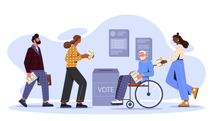 People voting concept. Democracy and freedom of choice. Men and woman with ballot box. Election and referendum. Political campaign. Questionnaire with tick. Cartoon flat vector illustration