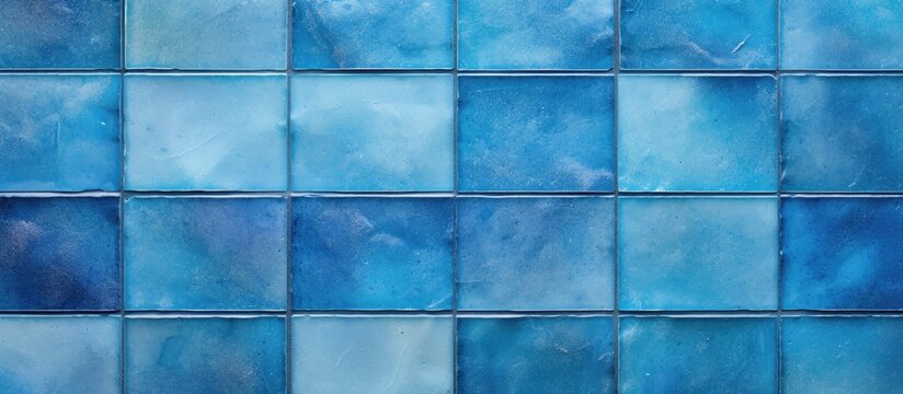Detailed view of a blue ceramic tile wall, showcasing the texture and color variation of the tiles. Each tile is arranged in a precise pattern, creating a uniform and structured appearance.