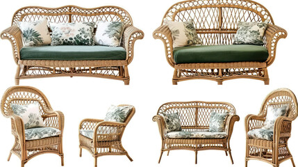 Set of Four Wicker Chairs and Couch Generative AI - obrazy, fototapety, plakaty