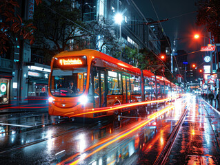 Fototapeta na wymiar The image captures the essence of urban life with a bright tram moving through a city street, reflecting on wet surfaces after rain