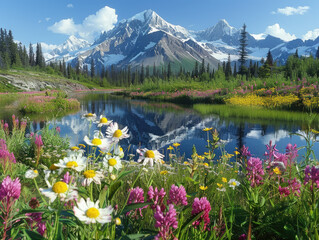 Fototapeta na wymiar A serene mountain landscape showcasing blooming wildflowers, a crystal-clear lake, and majestic mountains under a blue sky