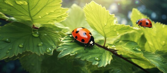 Fototapeta premium A pair of red and black ladybugs can be seen sitting on top of a bright green leaf. The insects are nestled close together, their small black spots contrasting against the vibrant leaf.