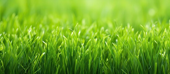 Obraz premium A vibrant field of fresh spring green grass fills the foreground, with the background blurred out. The scene exudes natural beauty and freshness, creating a visually appealing landscape.