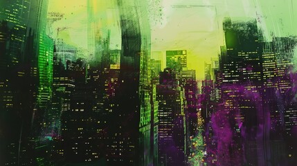 urban abstract painting with New York City skyline in green and purple