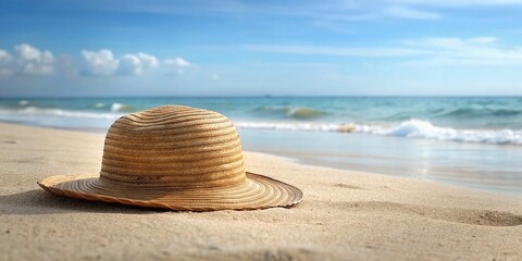 Fototapeta na wymiar Straw hat on sandy beach evokes summer vacation vibes - perfect for travel ads, blogs, and websites