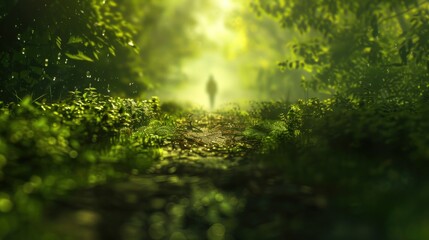 Fototapeta premium person walking along a quiet, still forest path.
