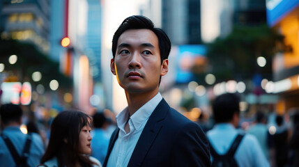 Fototapeta premium Asian male executive in the middle of a busy street at dusk with modern office buildings in the background, looking towards the sky, imagining future business success