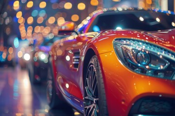 Red sports car in car dealership with bokeh effects and lights