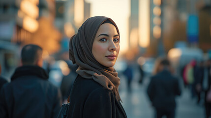 Middle Eastern Muslim woman executive standing in the middle of a busy city street at dusk with an office environment in the background, looking towards the sky, imagining future business success