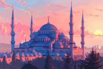 the blue mosque at sunset - obrazy, fototapety, plakaty