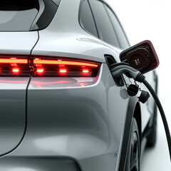 Experience the sleek design of an EV car in charge with its charging plug. Against a pristine white background, this image captures the essence of modern electric transportation. AI generative.
