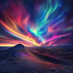 A surreal desert landscape bathed in the ethereal beauty of a colorful aurora, captured in high-resolution digital art.