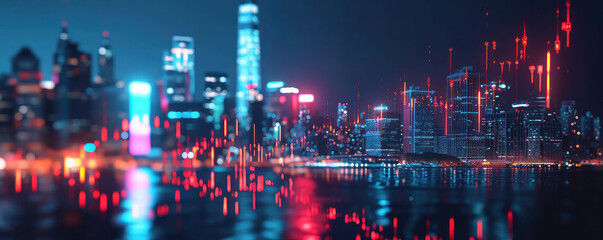 Experience the allure of financial data amidst a captivating urban backdrop at night. Ray tracing and AI generative technology combine to create a mesmerizing canvas of squiggly lines. - obrazy, fototapety, plakaty