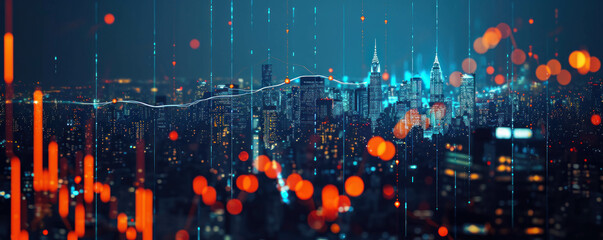 Experience the allure of financial data amidst a captivating urban backdrop at night. Ray tracing and AI generative technology combine to create a mesmerizing canvas of squiggly lines.