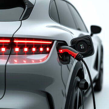 In this captivating image, an EV car is seen charging with its plug, highlighted against a white backdrop. The minimalistic white color theme adds elegance to the scene. AI generative.