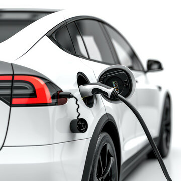 Close-up detail of an EV car charging with an EV plug against a white background. White color theme enhances the modern aesthetic. AI generative technology.