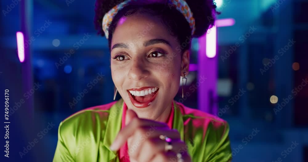 Poster Woman, night and excited in office with neon, tablet or scroll for reading with problem solving at coding job. Person, girl and developer with click for programming, solution or creative for software