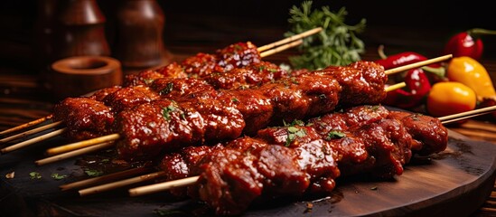 Several skewers of intensely flavored meat kebabs, a classic Turkish dish, are displayed on a...
