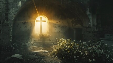 Light In Tomb Empty With Crucifixion At Sunrise - obrazy, fototapety, plakaty