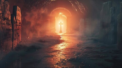 Light In Tomb Empty With Crucifixion At Sunrise - obrazy, fototapety, plakaty