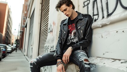 man wearing black jacket posing on the street back alley grunge large city ripped jeans young...