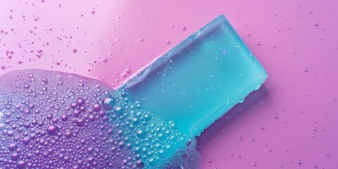 Luxury cyan and translucent soap on purple surface.
