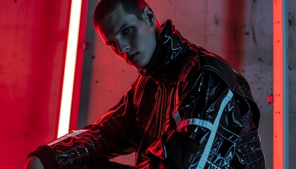 portrait of a man in shiny black jacket modern fashion red light  - obrazy, fototapety, plakaty