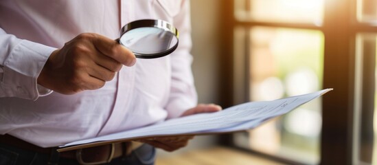 Business man standing holding magnifier and documents for inspection her business health