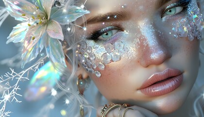 portrait of a woman with crystals on face flower in hair light blue eyes big lips