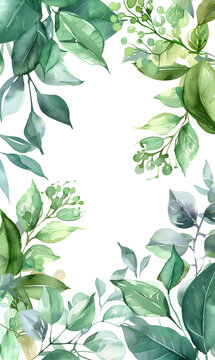 Fototapeta Green leaves watercolor background invitation template, Generative AI