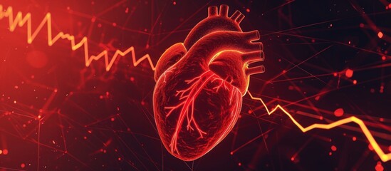 Wireframe red human heart with red cardio pulse line, cardiogram health organ - obrazy, fototapety, plakaty