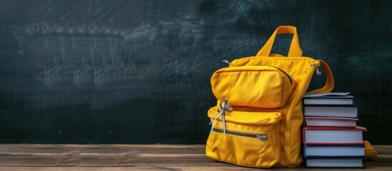 Yellow school bag and stack of books on table in front of blackboard