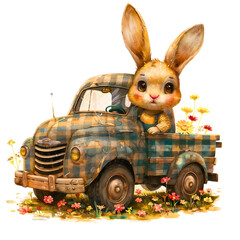 Watercolor Rabbit Driving a Truck