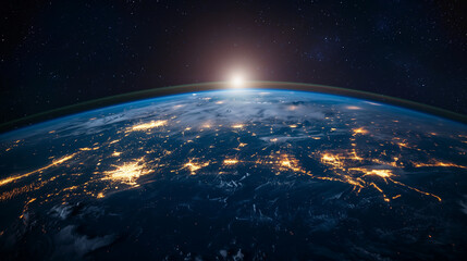 Obraz premium Highly detailed planet Earth at night with embossed continents, illuminated by light of cities. Earth is surrounded by a luminous network, representing the major air routes based on real data.