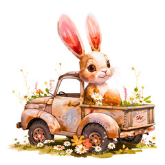 Truck with Watercolor Rabbit Illustration