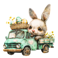 Watercolor Illustration Featuring Rabbit and Truck
